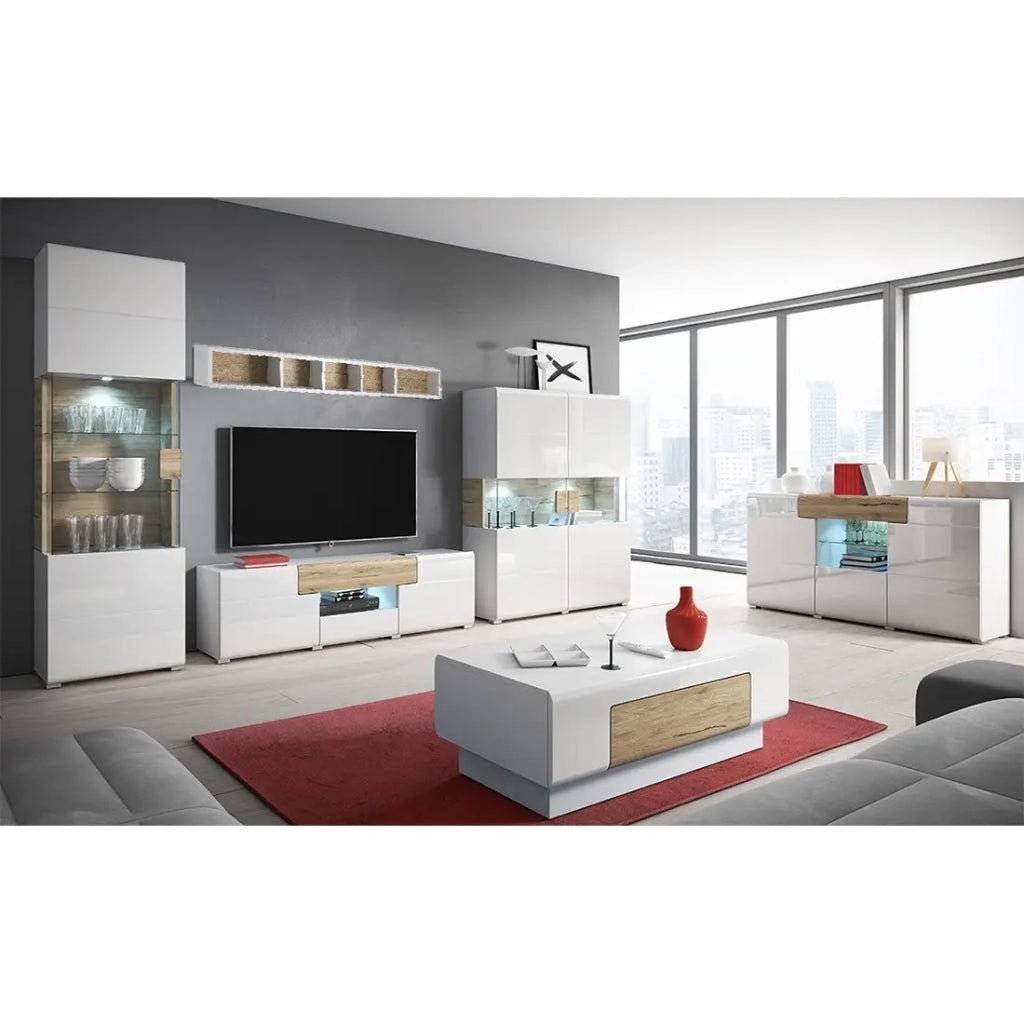 Set completo di 6 mobili da soggiorno collezione OHIO. Colori bianco e effetto quercia.