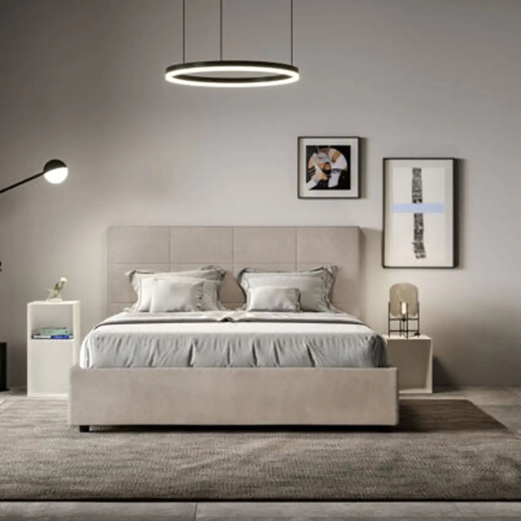 Letto matrimoniale con rete imbottito 160x210 microfibra sabbia Mika