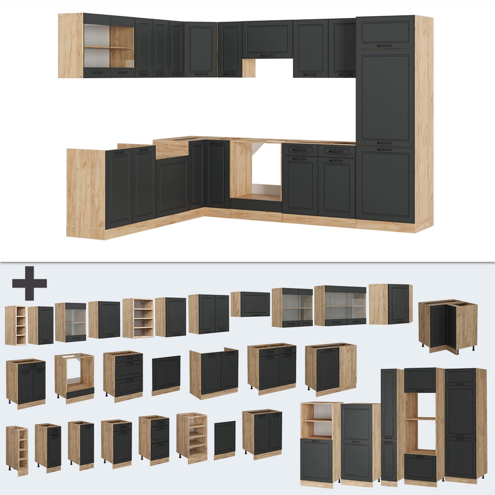 Cucina angolare completa R-Line Antracite rustico/Rovere dorato 287 x 227 cm, PL Antracite Vicco