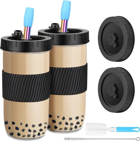 Set per Bubble Tea con cannuccio, 2 pezzi, 730 ml, set per Bubble Tea con cannuccio riciclabile, bicchieri in vetro con coperchio, silicone ermetico per frappè, bevande, smoothie nero.