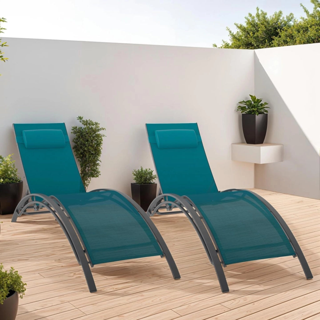 Set di 2 lettini da Giardino reclinabili in Acciaio HAVANE in Tela Blu Anatra con Cuscini