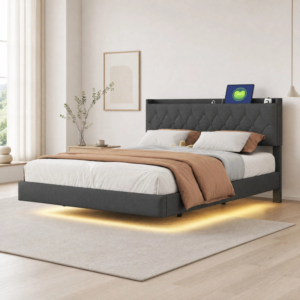 DESMIU Letto Matrimoniale 160 × 200 cm con USB, luce LED multicolore, contenitore, senza materasso, in tessuto grigio