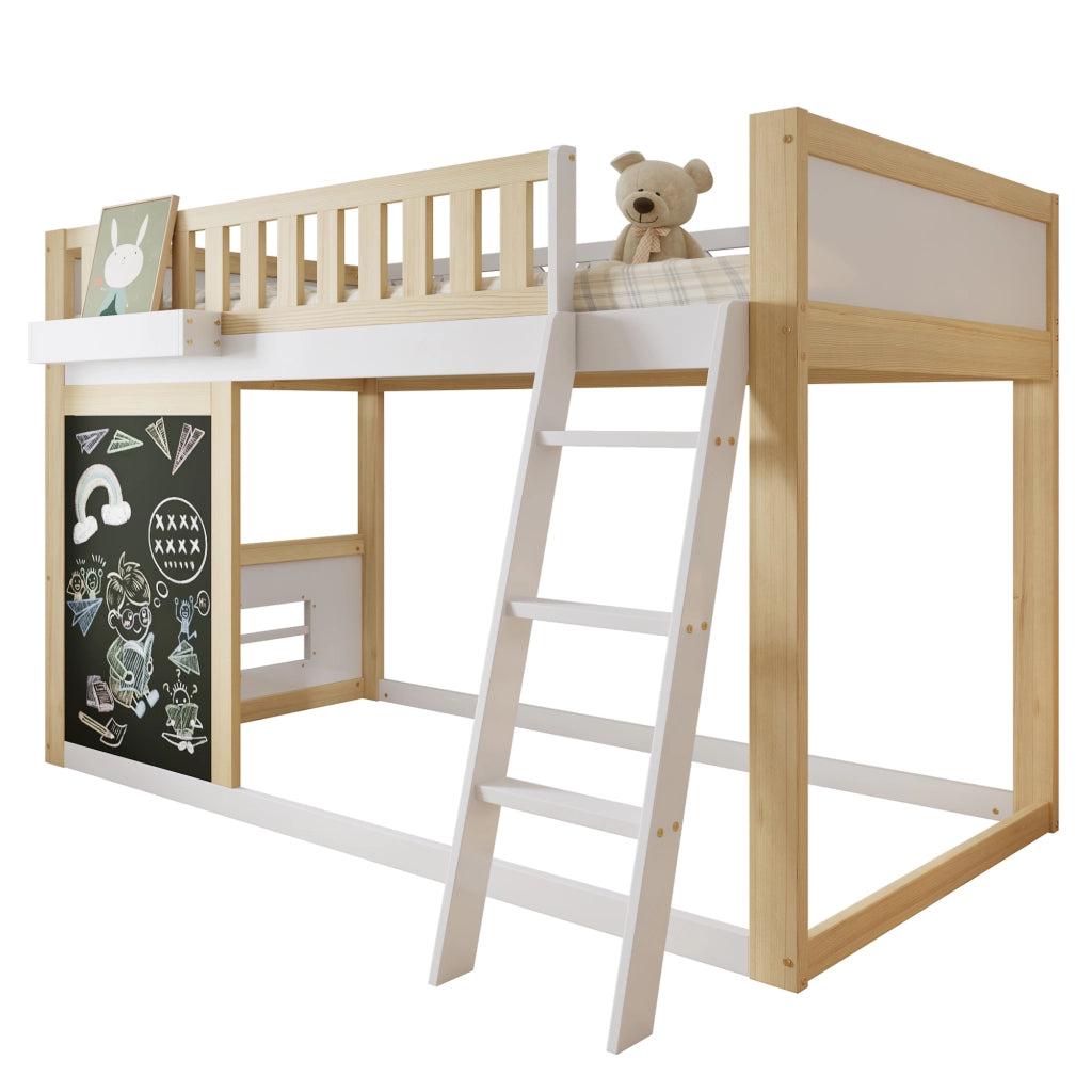 Letto a castello bianco e naturale in pino e MDF con lavagna scatola portaoggetti 90x200cm