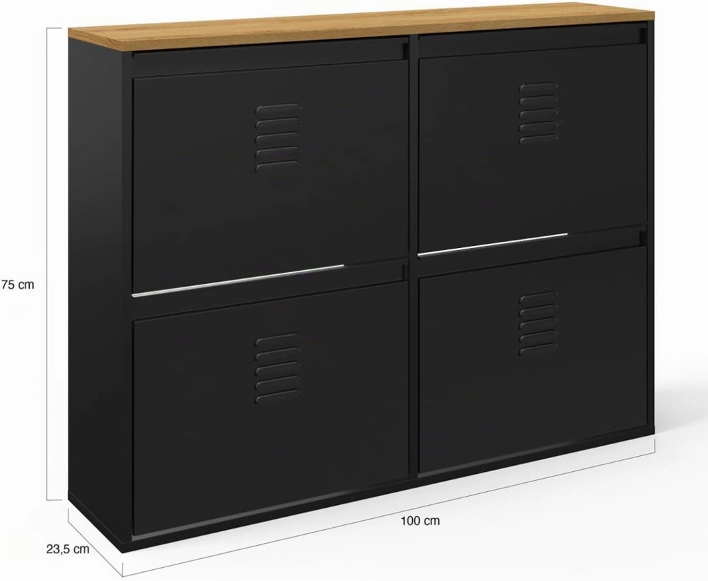 ESTER zapatero de metal negro de 4 puertas para 20 pares con tapa de madera de diseño industrial