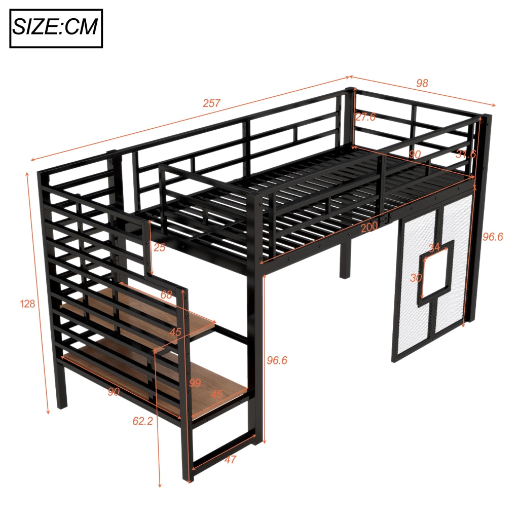 Letto alto in metallo 90x200 con scaletta illuminazione a LED contenitore ferro nero e MDF
