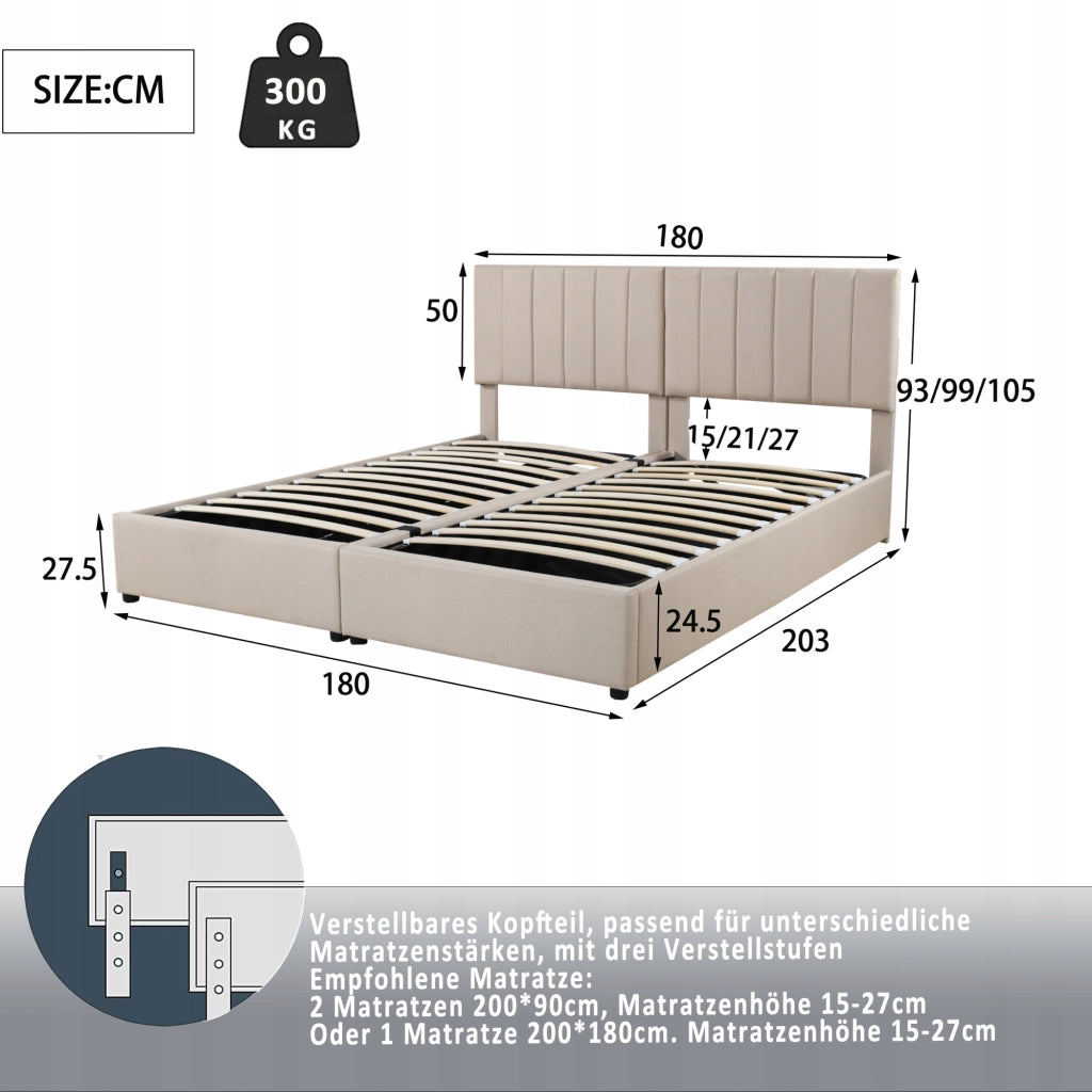 Letto imbottito 180x200 - Xylo - Base idraulica, colore beige
