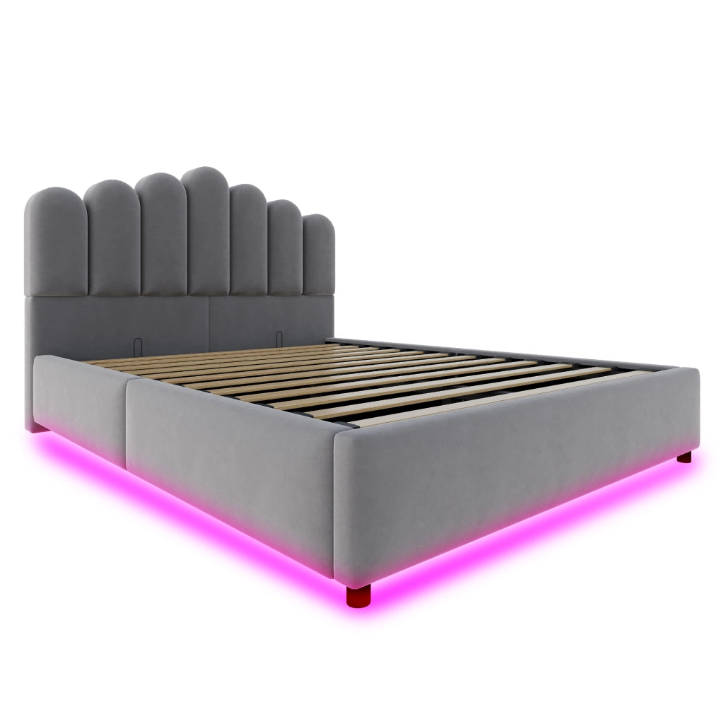 Letto imbottito 140x200 cm con contenitore idraulico; LED e velluto grigio