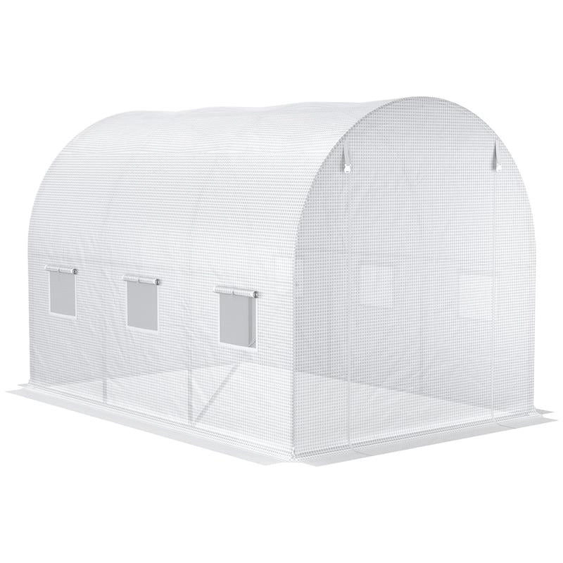 TELO SERRA IN PE CON 6 FINESTRE, PORTA AVVOLGIBILE E BORDI INTERRATI, 3X2X2 M, BIANCO