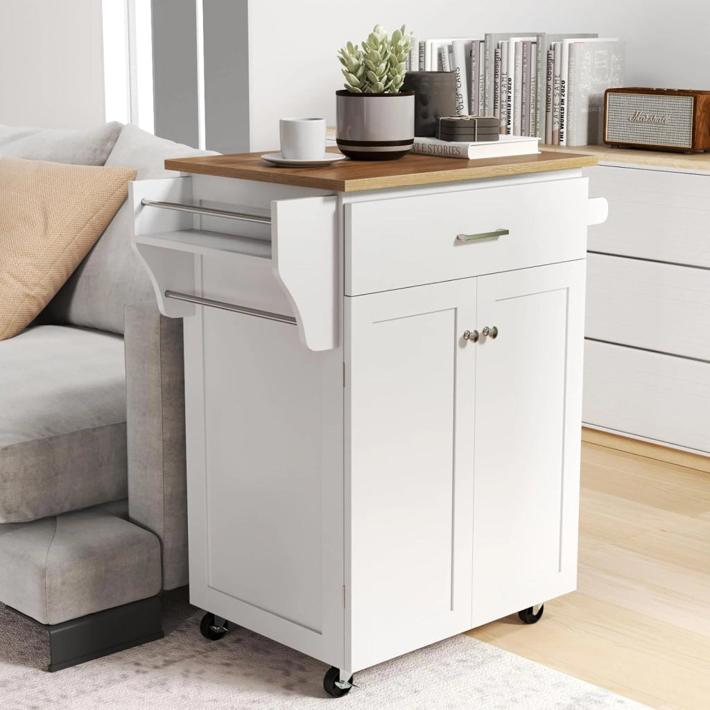 Carrello da cucina con piano di lavoro, carrello da portata con ruote, armadio da cucina con cassetto e ripiano regolabile, carrello da cucina con portasciugamani, mobile da cucina, in legno