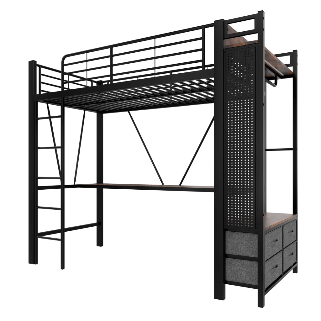 Letto a soppalco 90x200 cm con scrivania e 4 cassetti; in metallo e MDF nero; LED e USB-C per camera da letto