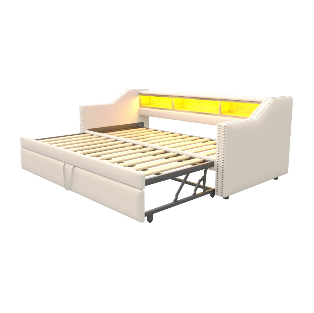 Divano letto estraibile imbottito 90/180x190 cm con USB, LED e vani laterali