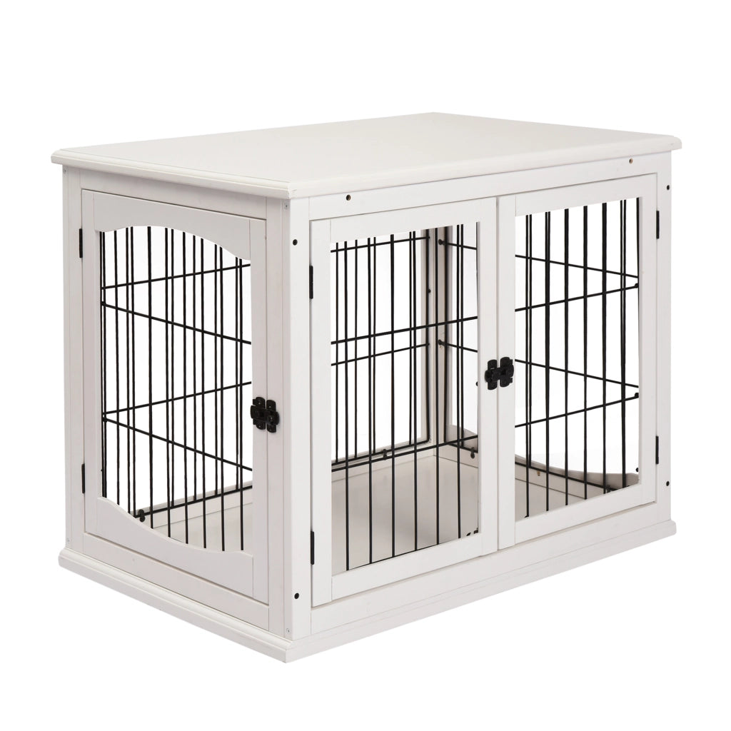 Scaffale per cani con due porte e chiusure in MDF bianco per interni 81 × 58,5 × 66 cm