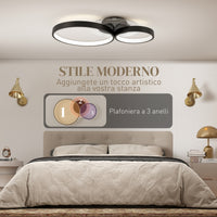 Plafoniera LED Moderna a 3 Anelli 59x8x7,4 cm Potenza 40W in Alluminio e Acrilico Nero