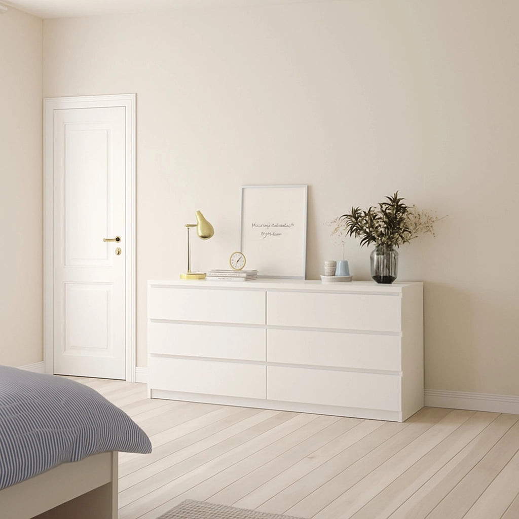 Cassettiera a sei Abacadabra, colore bianco lucido, cm 153 x 70 x 50
