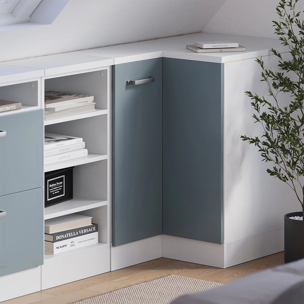 Mobile sottotetto Mobile angolare Rion Grigio-blu/Bianco 75.6 x 83.8 cm con 1 porta, carcassa dell’armadio profondità 60 cm Vicco