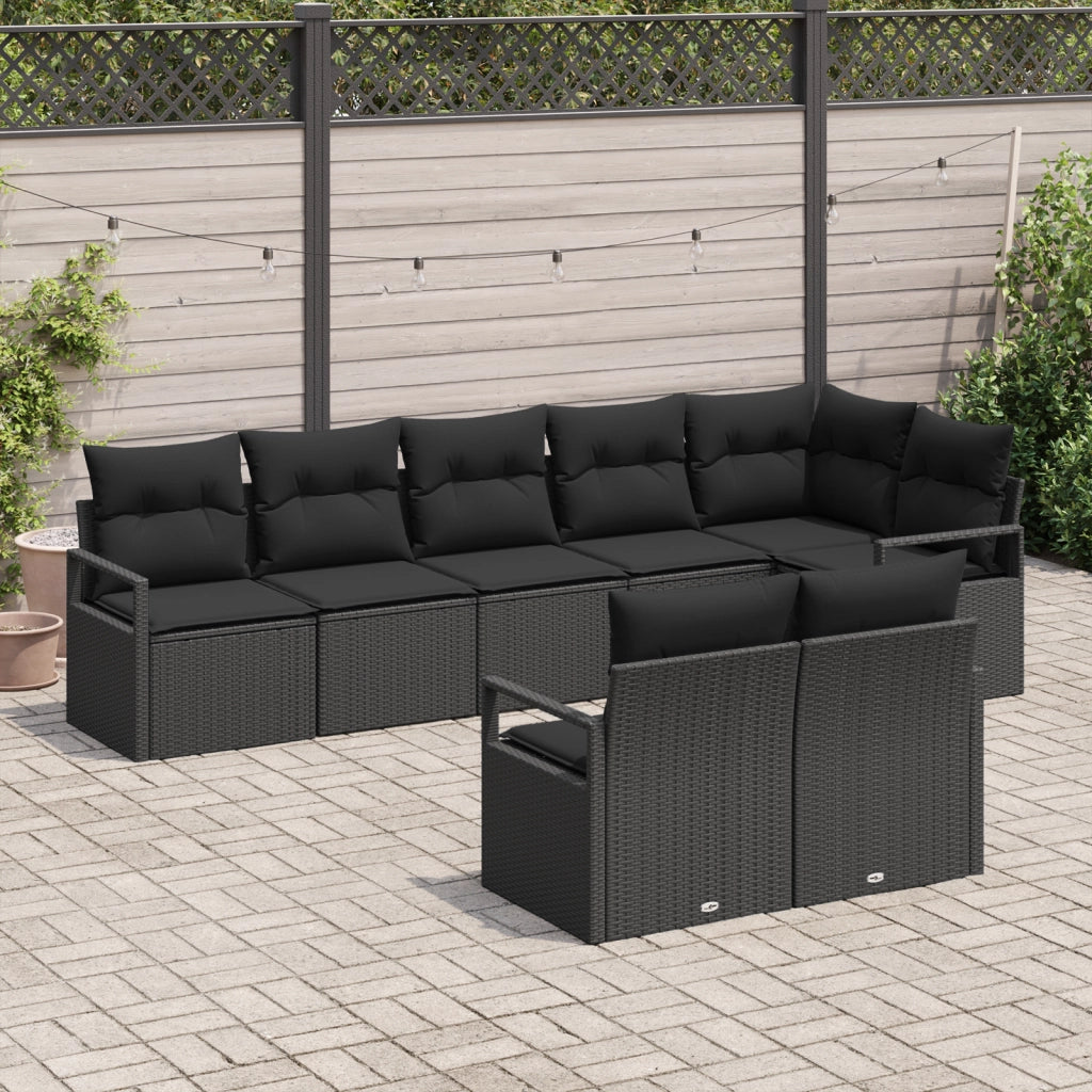 Set Divano da Giardino  8 Pezzi con Cuscini Nero Rattan Poliestere