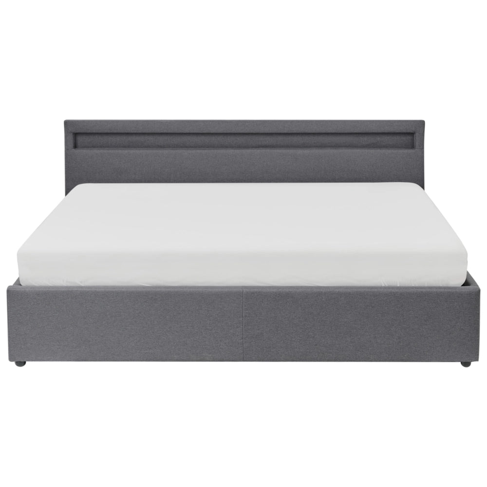 Letto matrimoniale in tedduto grigio scuro con LED 180 x 200 cm con contenitore e ottomana con doghe in legno