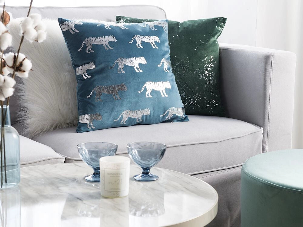 Set di 2 cuscini Decorativi Velluto Blu stampa Animale 45 x 45 cm Motivo Tigre Moderno Glamour Decor Accessori