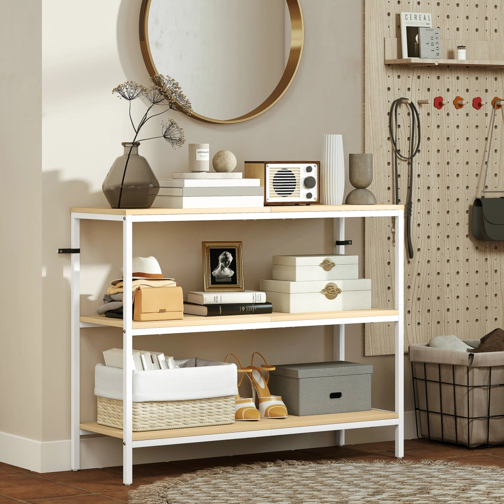Consolle Ingresso con Ripiani Aperti e Gambe in Metallo ¨C zephmum ¨C Legno Naturale e Bianco