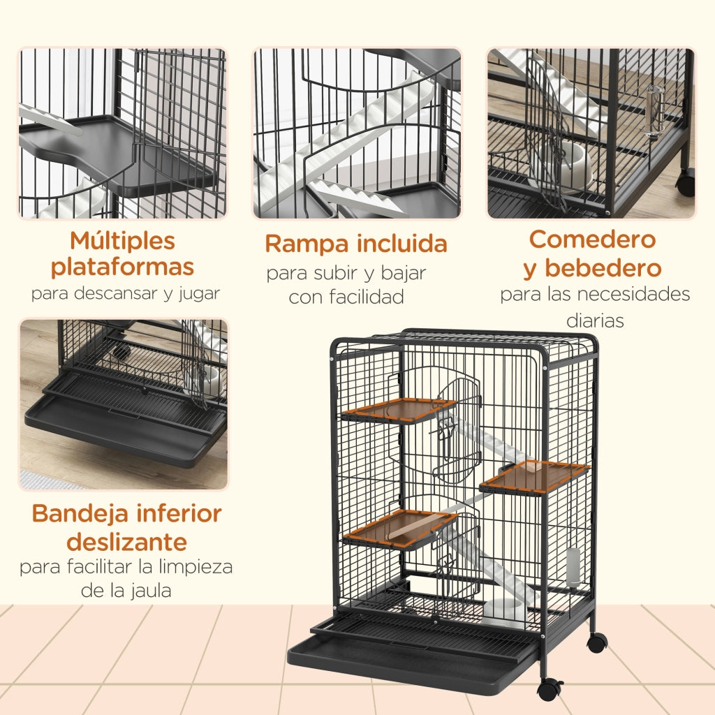 Gabbia per Roditori con Ruote e 3 Piattaforme ¨C zephmum ¨C Nero, 61.5x44x95 cm