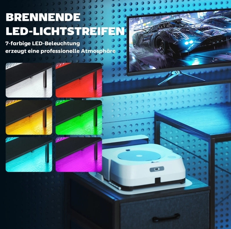 Scrivania gaming a L con LED, prese e supporto doppio
