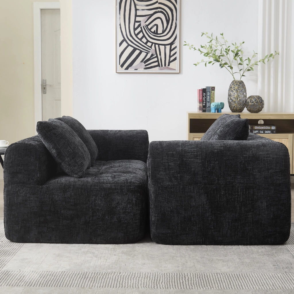 Divano chaise longue a 2 posti in chenille nero con tasche laterali e cuscino incluso, 158x90x60 cm