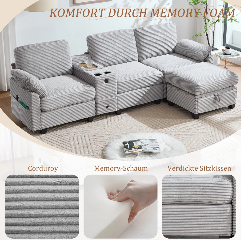 Divano in velluto a coste 266x136x82 cm con pouf contenitore; USB-C e console scorrevole grigio chiaro