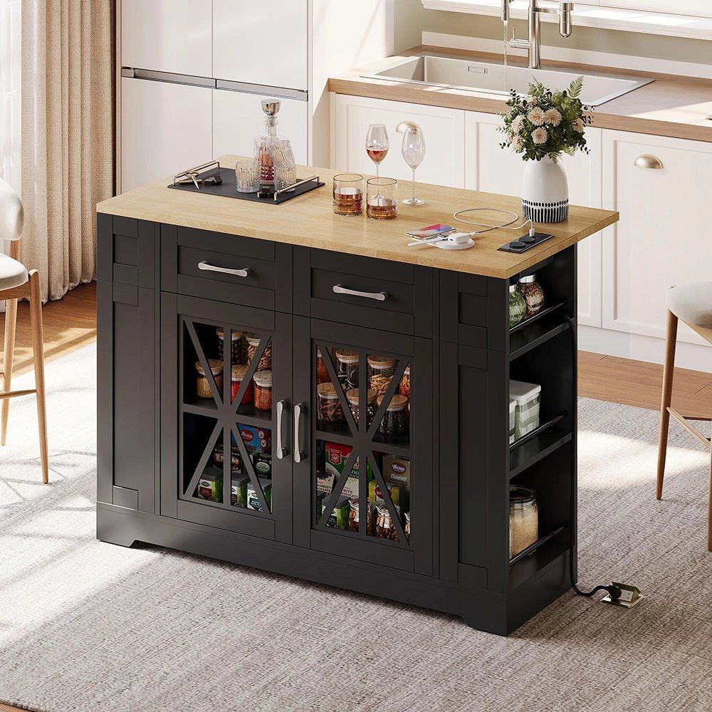 Isola da cucina portatile - Xylo - 120 cm - Ripiano aperto, prese, vetro, laminato regolabile, ruote con freni