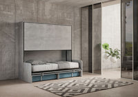 Letto Doppio A Scomparsa Kando Con Divano Cemento e Azzurro