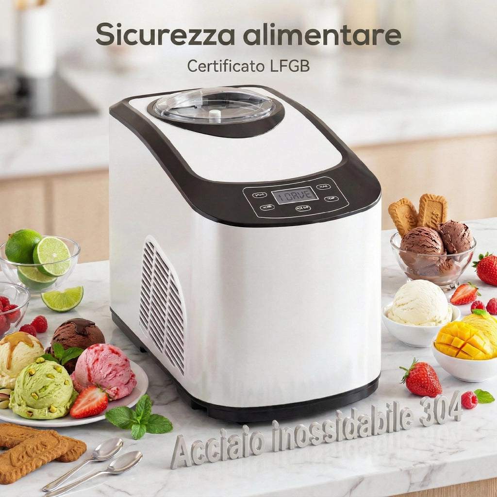 Gelatiera con Compressore Integrato 1.5L, Modalit¨¤ Morbida e Dura, Funzione Auto-Mantenimento al Freddo, Bianca