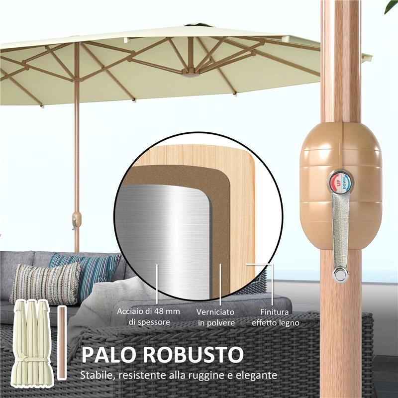 OMBRELLONE DOPPIO CON APERTURA A MANOVELLA IN ACCIAIO INOX E POLIESTERE 455X265X238 CM BEIGE