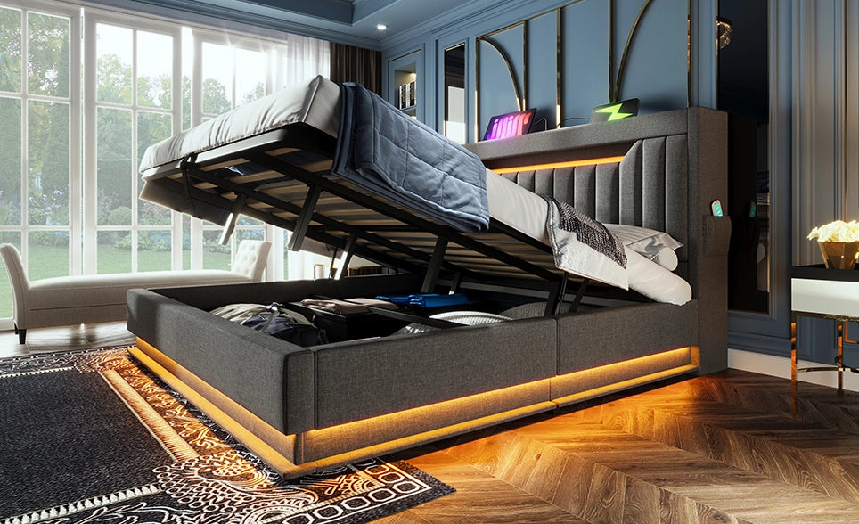 Letto 140x200 cm in lino grigio con LED， USB-C e contenitore