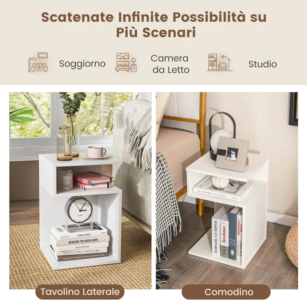 COSTWAY Tavolino Laterale da Salotto a Forma di S per Piccoli Spazi, Tavolino per Divano con 2 Scomparti Aperti, Comodino Moderno per Soggiorno, Camera da Letto e Studio, Bianco