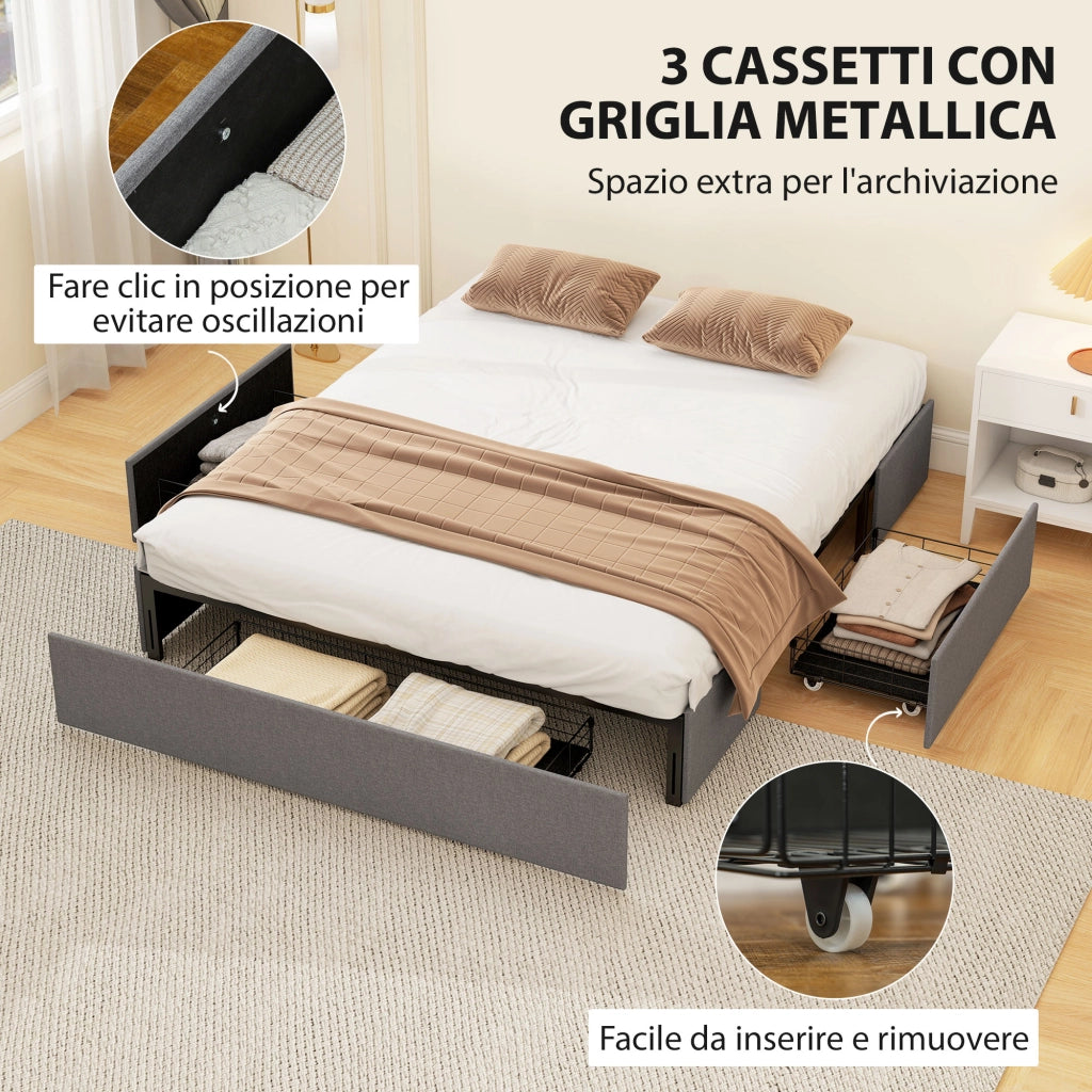 Struttura Letto Matrimoniale 165x193x30 cm a Doghe con 3 Cassetti in Legno Poliestere e Metallo Grigio