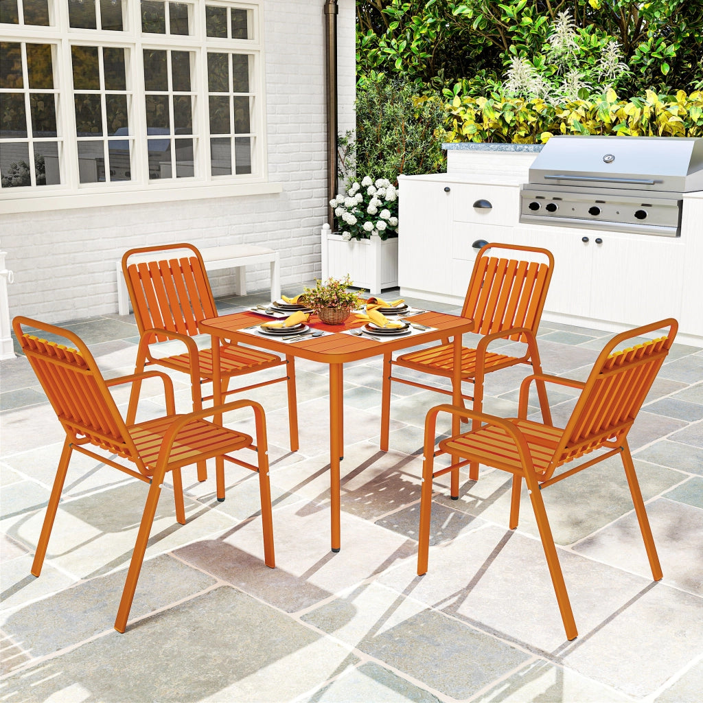 Tavolo da giardino con 4 sedie impilabili ¨C zephmum ¨C piano a doghe 80 cm, struttura in acciaio, arancione