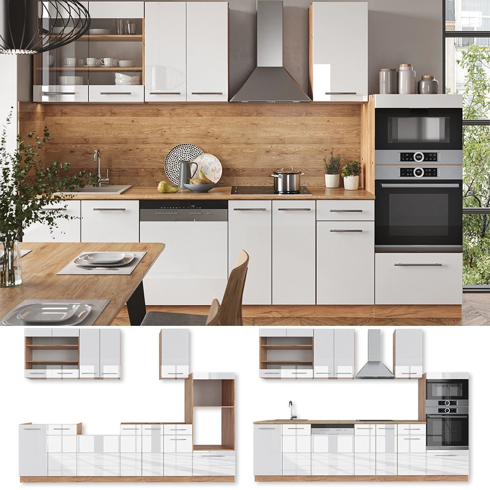 Cucina componibile Fame-Line Bianco lucido/Rovere dorato 300 cm con armadio alto, PL Marmo Vicco