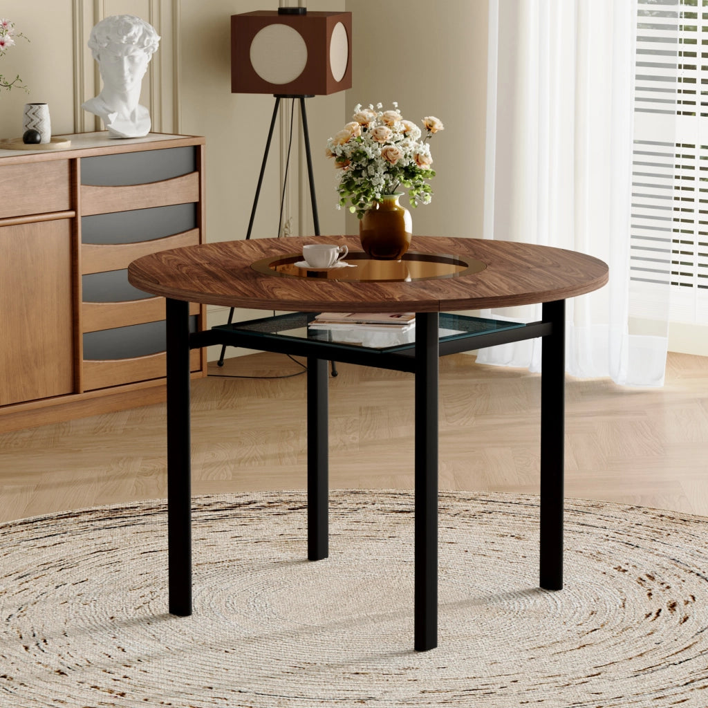 Tavolo da pranzo - rotondo Ø100 cm - design minimalista - effetto legno marrone - vetro grigio - per 2-4 persone