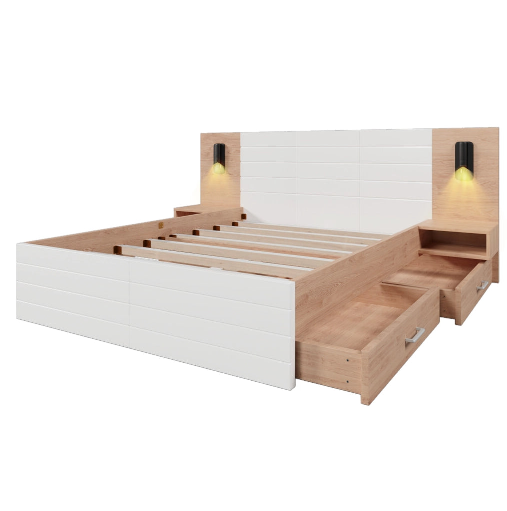 Letto matrimoniale 160x200 cm con 2 cassetti; luce da lettura e ricarica USB; bianco e rovere