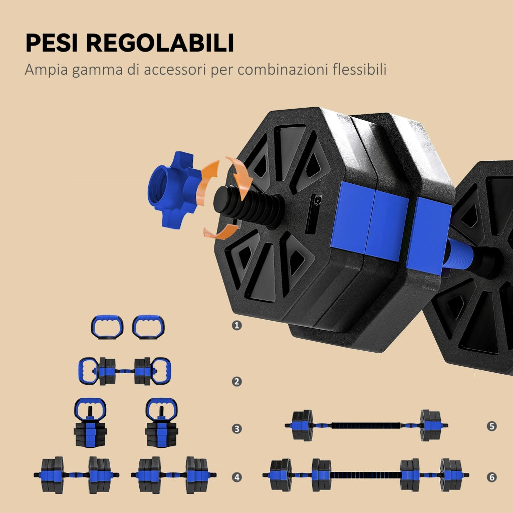 Set Pesi Palestra 6 in 1 Multifunzione da 20kg Totali 125x18x18 cm in Plastica e Sabbia Blu