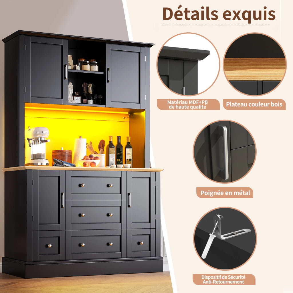 Vetrina da Cucina Alta con 3 Cassetti e LED; Design Moderno; per Cucina o Soggiorno; in MDF; Nero e Naturale; 115x40x180 cm