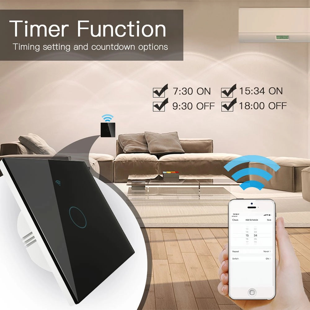 Interruttore Da Parete Touch 1 Tasto, WIFI 2.4G+BLE+RF 433MHz , Bluetooth BLE Mesh TUYA, Smart Life, 10A, AC 90-250V, 50/60HZ, 86X86X30mm Per Scatola 502, IP20, Nero, SH9441B