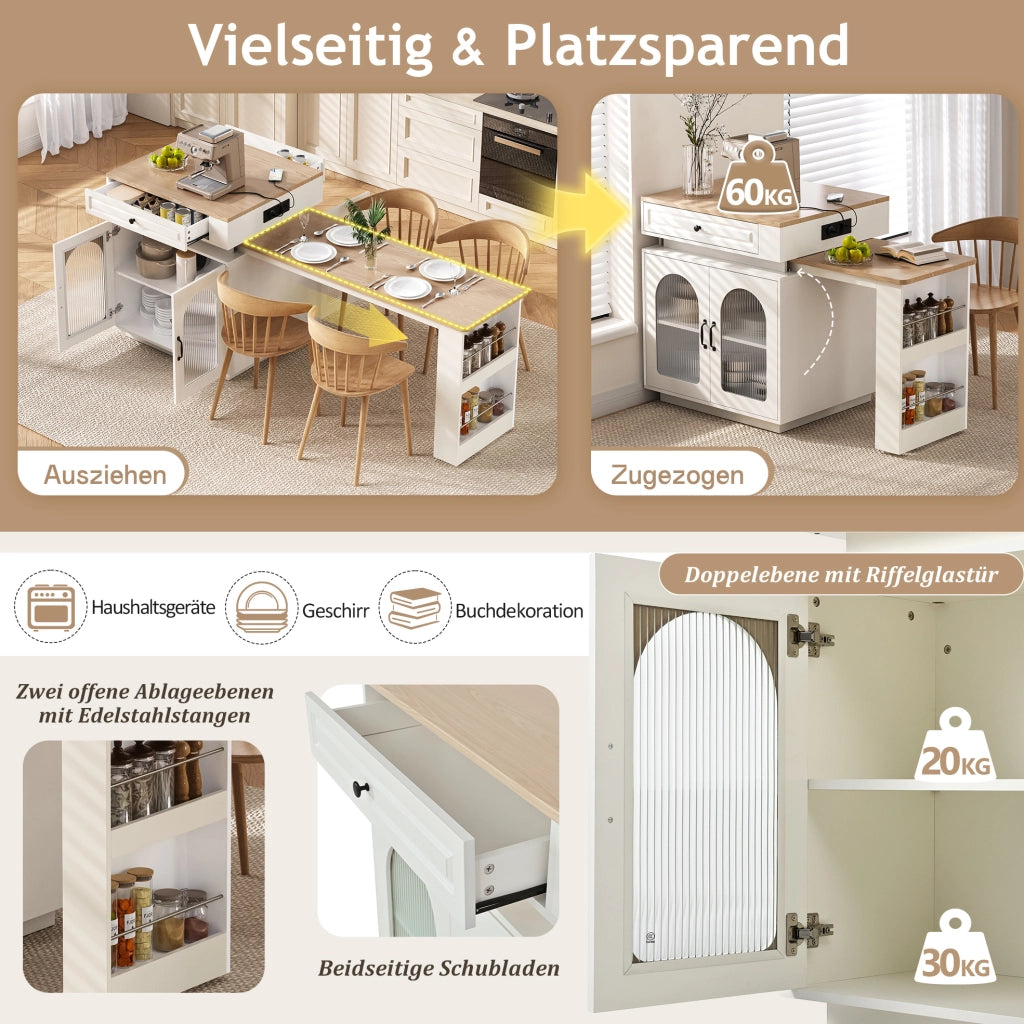 Isola cucina con tavolo estraibile LED e prese, bianca