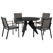 Set di mobili da esterno tavolo rotondo da pranzo nero 110 cm in alluminio e legno sintetico 4 sedie cuscini grigi