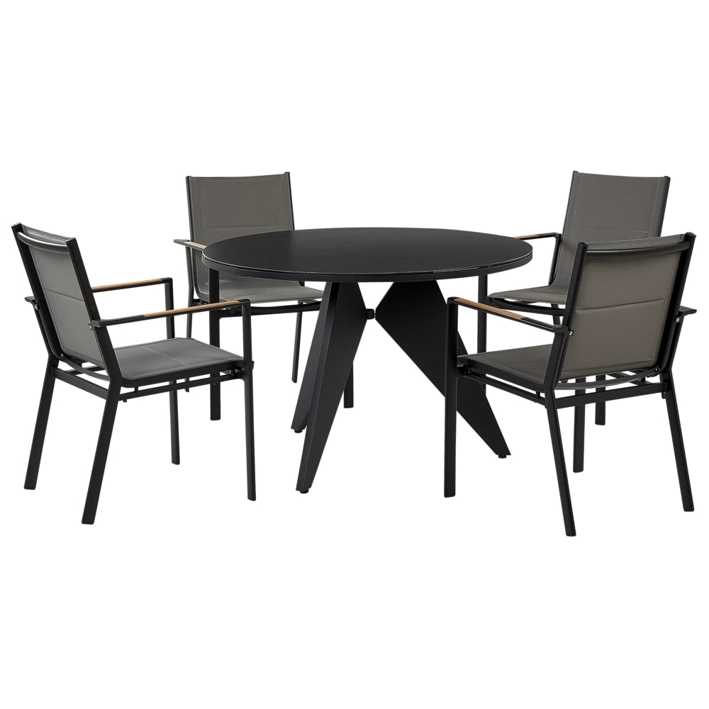 Set di mobili da esterno tavolo rotondo da pranzo nero 110 cm in alluminio e legno sintetico 4 sedie cuscini grigi