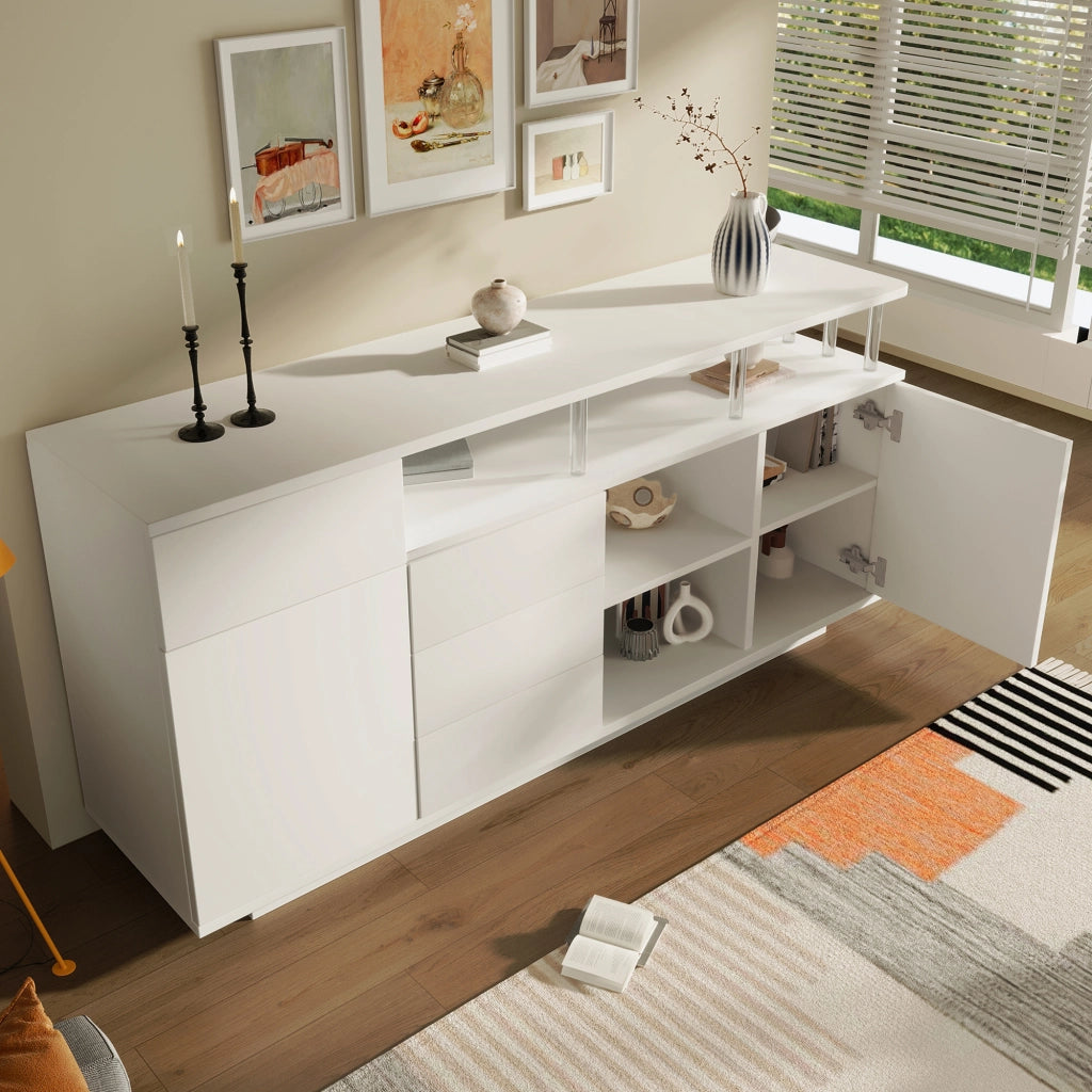 Credenza con LED, 4 cassetti, 2 ante e ripiani regolabili, per soggiorno cucina e ingresso, 160 × 40 × 75 cm