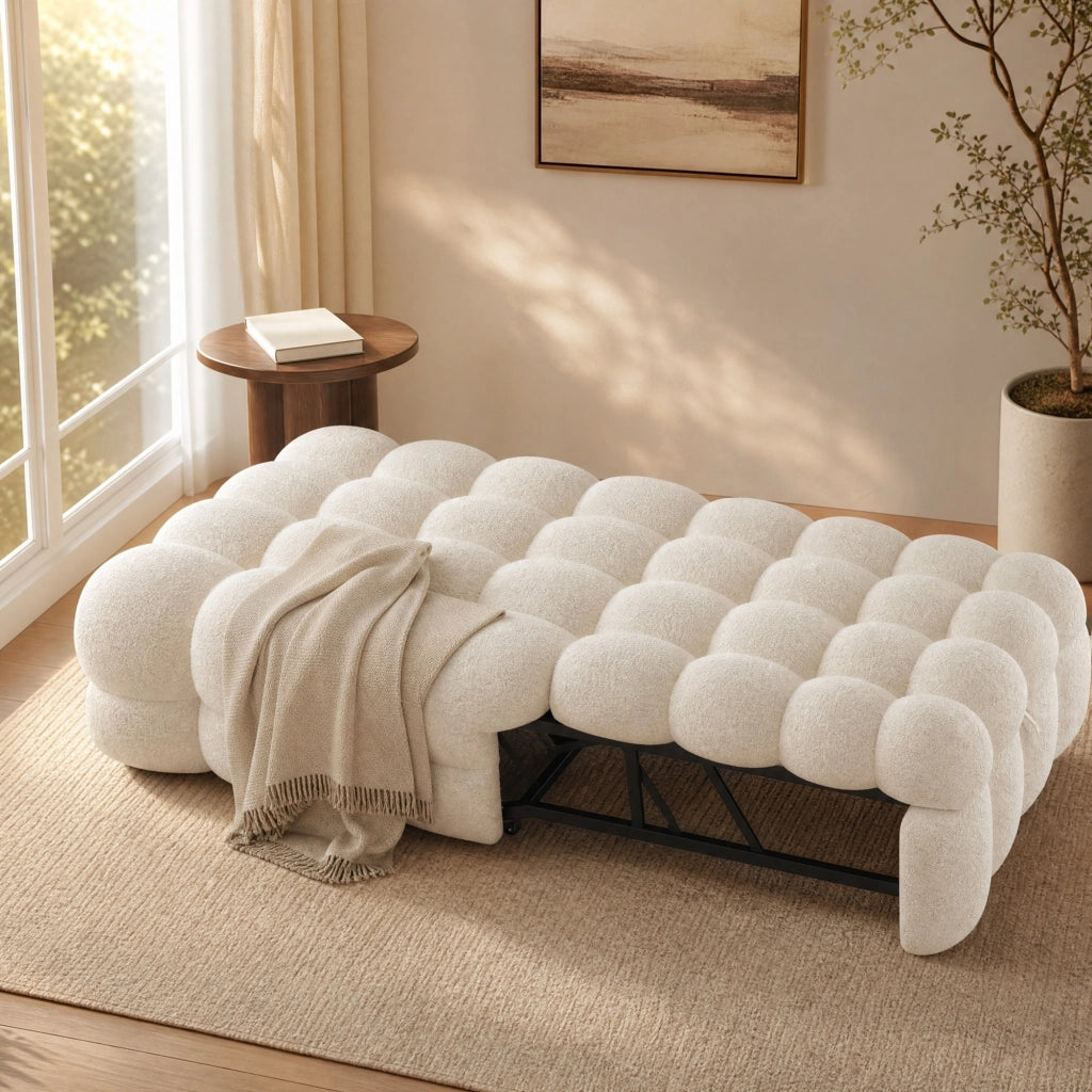 Puff letto 2 in 1 trasformabile in divanetto; 183 x 76 x 72 cm; in teddy beige