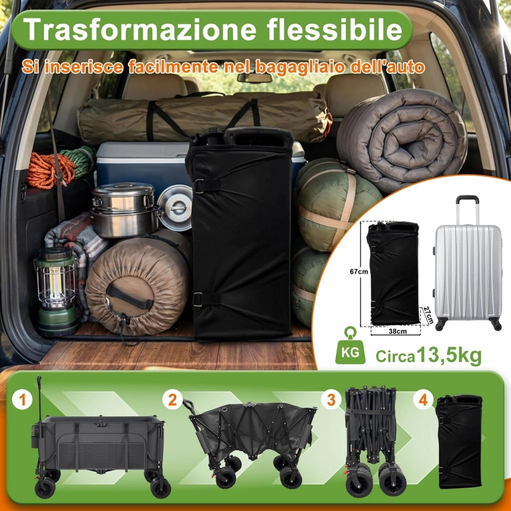 260L carrello spiaggia Massimo 200kg carrello con ruote portatutto grandi,carrellos pieghevole Con Braccioli Regolabili e Tasche Laterali per Giardino Campeggio Ogni Tipo di Terreno, Grigio