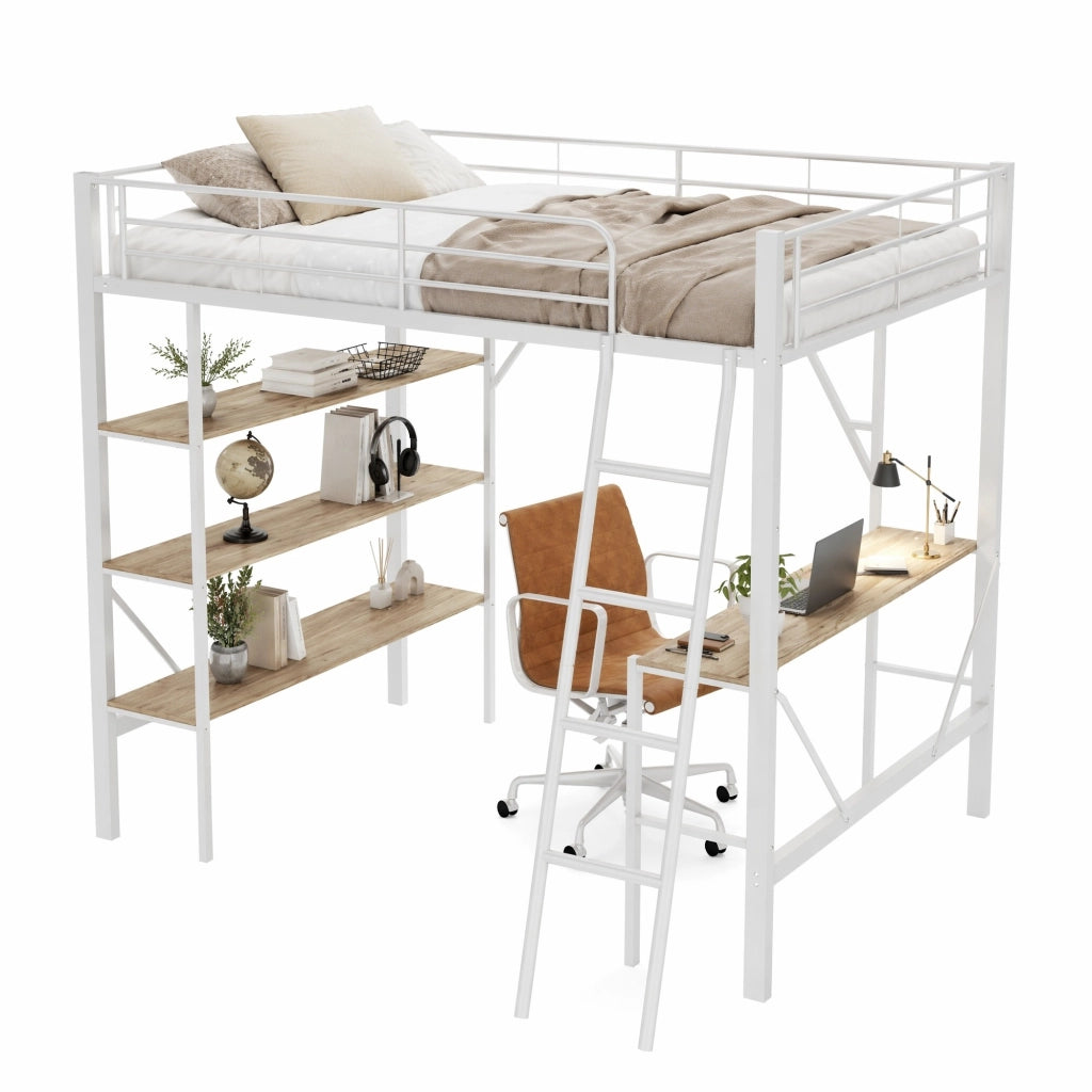 Hochbett 90x200 cm con scrivania e 3 ripiani, struttura in metallo e MDF, bianco
