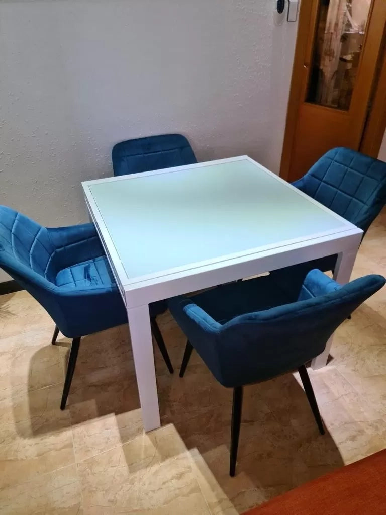 Tavolo allungabile vetro bianco base metallo bianco misura 90x90 h.75