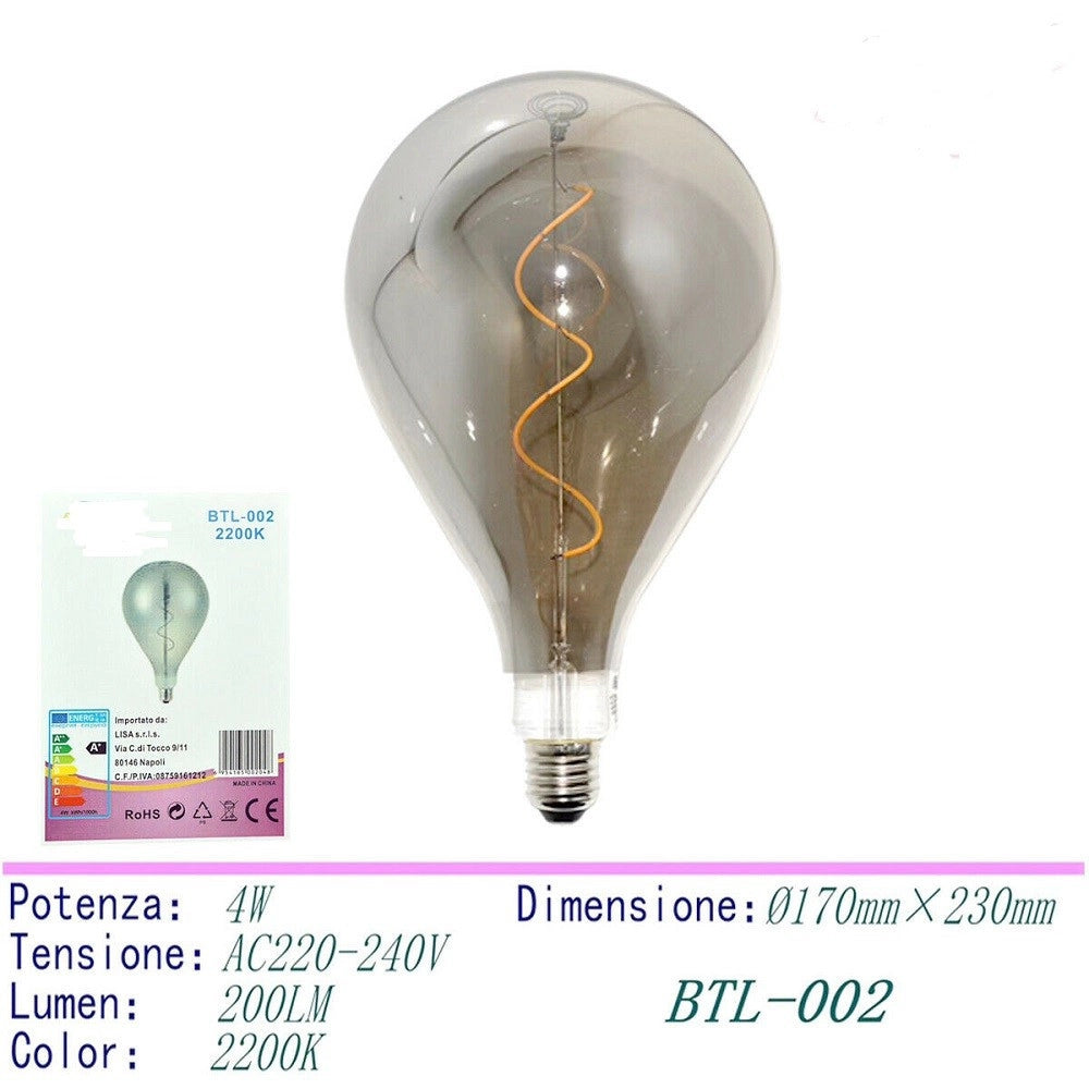 Trade Shop - Lampadina Led Filamento Vintage Retro' Lampada Fume' E27 4w Luce Calda 2200k -